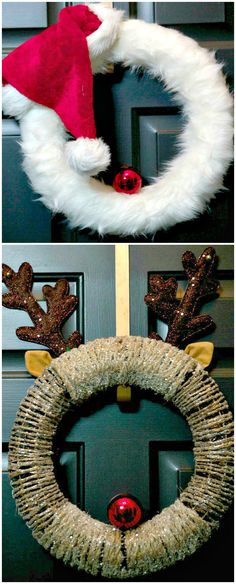 christmas wreaths are hung on the front door and decorated with fake reindeer antlers