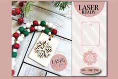 an image of a christmas ornament on a wooden background with the tag laser ready