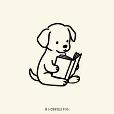 a dog is reading a book while sitting down