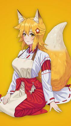 an anime character dressed in white and red with long blonde hair, sitting on a yellow background