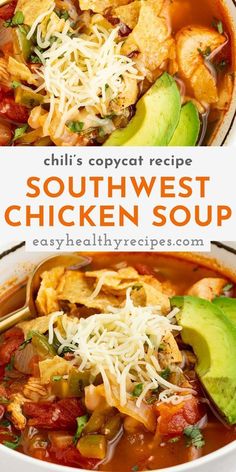 two bowls filled with chili, chicken and avocado soup