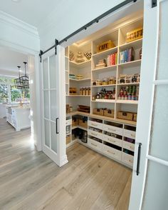 an open pantry with lots of shelves and drawers