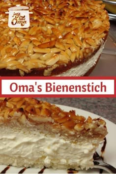 a close up of a cake on a plate with the words oma's biemenstich