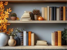 there are many books and vases on the shelves with plants in pots next to them