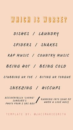 a poster with different types of words and numbers on it's back cover, which reads which is worse? dishes / candy spider / snakes / shakers / rap music / country music / being cold