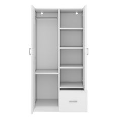 an empty white closet with shelves and drawers