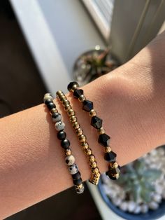 Gold Beaded Bracelets For Valentine's Day, Casual Black Beaded Bracelets For Valentine's Day, Handmade Black Bracelets For Valentine's Day, Black Heart Beads Bracelets For Valentine's Day, Black Heart-shaped Adjustable Beaded Bracelets, Gold Hearts, Sorority Gifts, Personalized Bracelets, Handmade Gold