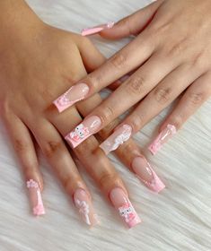 Pink Coffin Nails, Kawaii Nail Art, Pink Coffin, Kitty Nails, Nail Techniques, Diy Acrylic Nails, Glow Nails