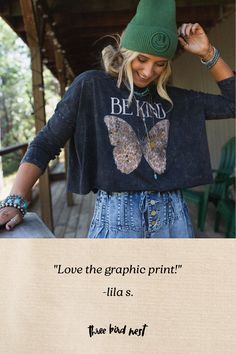 Bringing you the cutest long - sleeve version of your favorite graphic tee, the Be Kind Long Sleeve Graphic Top has arrived—and you're going to love it all season long! Comfortable, mineral washed Cotton fabric Relaxed tee shirt silhouette at a cropped length Classic Boat neckline with dropped shoulders and long sleeves So cute butterfly graphic print with "Be Kind" text print Raw edges and exposed center back seam for added boho style Pair with: Sophie Crochet Lace Bralette, Lightwave Overalls Bohemian Long Sleeve T-shirt For Fall, Long Sleeve Washed Black T-shirt For Fall, Bohemian Long Sleeve Fall T-shirt, Washed Black Graphic Tee For Fall, Washed Black Long Sleeve Top With Letter Print, Acid Wash Graphic Tee For Fall, Acid Wash Long Sleeve T-shirt With Letter Print, Fall Acid Wash Graphic Tee, Trendy Acid Wash Tops For Fall