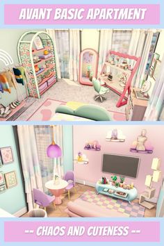 two different views of a child's room with furniture and accessories on the walls