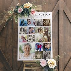 an old lady's photo collage with flowers and greenery on the side of a wooden door