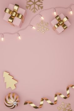 christmas lights and presents on a pink background with snowflakes, stars and ribbons