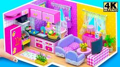 a doll house is shown with furniture and accessories in pink, yellow, and purple colors