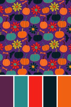 the color scheme for pumpkins and flowers is in shades of purple, red, green,