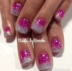 Pink And Purple Dip Powder Nails, Hot Pink Nails Glitter Tips, Las Vegas Nails Ideas Glitter Sparkle, Fuschia Nails Design, Magenta Pink Nails, Magenta Nails Design, Magenta Nails, Vegas Nails, Nail Tip Designs