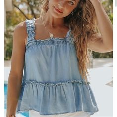 Nwt Bought From Boutique Must Have For Summer Summer Denim Top For Day Out, Blue Denim Tops For Summer, Spring Denim Blue Tops, Trendy Denim Tops For Vacation, Summer Denim Tops For Beach, Summer Denim Beach Top, Spring Sleeveless Medium Wash Tops, Medium Wash Sleeveless Tops For Spring, Light Wash Tops For Summer