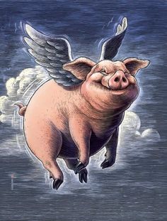 a pig flying through the air with wings on it's back and eyes open