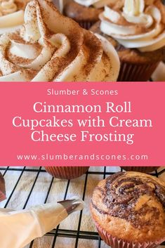 cinnamon roll cupcakes with cream cheese frosting are on a cooling rack next to other cupcakes