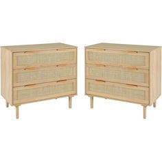 two wooden drawers with wicker handles on each drawer