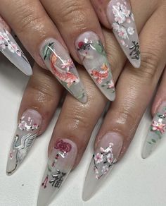 Koi Nails Designs, Fish Nail Design, Koi Fish Nails, Nail Art Almond Nails, Fish Nail Art, Fish Nails, Koi Fishes, Japanese Nail Design, Jade Nails