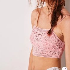 Free People One Lyra Crochet Longline Bralette Color: Heart Haze (Pink) Size: Small New Without Tag Condition Pink Feminine Bra With Delicate Lace, Feminine Pink Bra With Delicate Lace, Pink Crochet Top For Vacation, Pink Crochet Top With Lace Trim For Spring, Pink Lace Crochet Top For The Beach, Pink Lace Crochet Top For Beach, Summer Lace Pink Bra, Feminine Beach Bra For Spring, Feminine Spring Beach Bra