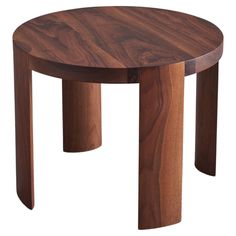 a round wooden table with two legs and a wood grain finish on the top, viewed from the side