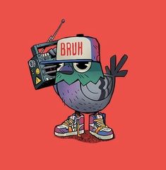 an angry bird wearing a baseball cap and holding a boombox on its head with the word bruh written on it