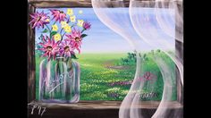 a painting of flowers in a glass vase on a window sill with curtains open