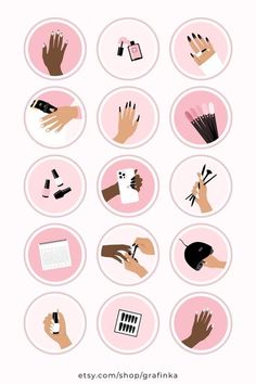 different types of hands with nail polish and manicures on pink circle buttons, all in