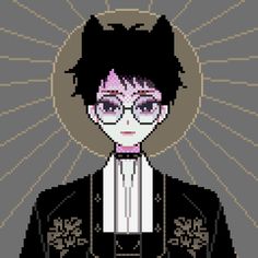 a pixel art style portrait of a woman wearing glasses and a black suit with white collar