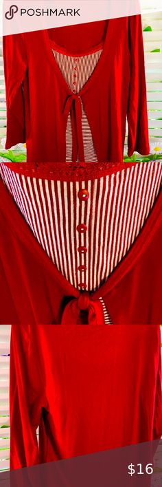 Dressbarn sliming layered look red top with red & white striped accent