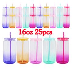 16 different colored plastic cups with straws and lids for drinking water or ice cream