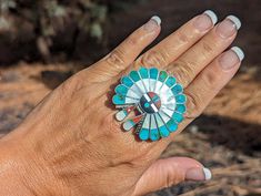 Native American Jewelry Zuni Handmade Ring Genuine NA navajojewelry Turquoise Cluster Women's Western Style Sun Face Kachina Sz 8.5US Southwestern Style Rings With Inlay, Southwestern Round Rings With Inlay, Turquoise Inlay Ring As Gift, Turquoise Inlay Ring For Gift, Turquoise Inlay Ring Gift, Turquoise Inlay Ring As A Gift, Southwestern Style Turquoise Inlay Ring, Traditional Silver Turquoise Ring With Inlay, Southwestern Jewelry With Inlay For Gifts