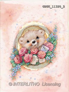 a painting of a teddy bear surrounded by pink roses and blue flowers on a pink background