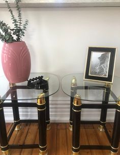 Vintage Gold Tone Faux Tusk & Black Laquer Glass Top Side Tables 1980s - Etsy