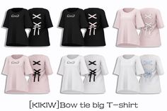 six different styles of shirts with bows on the front and back, all in black and white