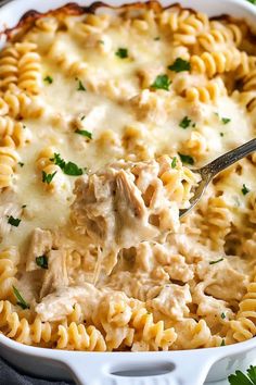 a white casserole dish filled with pasta and chicken meat, garnished with parsley