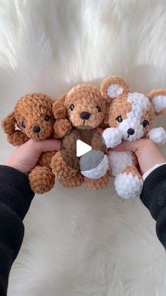 someone holding three teddy bears in their hands on a white fur background with text that reads, how to make crochet stuffed animals