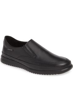 Functional Synthetic Slip-ons With Round Toe, Synthetic Moc Toe Slip-ons With Rubber Sole, Black Moc Toe Slip-ons With Cushioned Footbed, Synthetic Low-top Slip-ons With Leather Sole, Tpr Slip-ons With Rubber Sole, Slip-on Loafers With Slip-resistant Round Toe, Black Slip-on Leather Shoes With Slip-resistant, Ortholite Insole Slip-on Loafers For Walking, Comfortable Loafers With Removable Insole For Walking