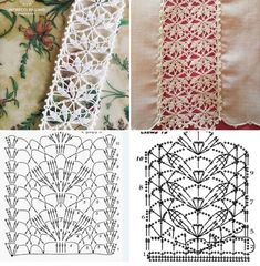 four different pictures showing the same pattern as they appear in this image, and one shows how to make an intricate lace border