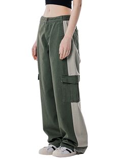 Editor's notesThese are stylish cargo pants with contrasting color fabric details that add uniqueness. You can wear these with a cropped top and your favorite pair of sneakers to complete your trendy outfit.- Wide leg fit- Low-waisted- Non-stretch- Cotton fabric- UnlinedMeasurements(in.)S / M / L- Waist: 12.99 in. / 13.78 in. / 15.75 in.- Hip: 18.90 in. / 19.69 in. / 20.08 in.- Crotch: 12.40 in. / 12.80 in. / 14.37 in.- Thigh: 12.20 in. / 12.60 in. / 12.99 in.- Hem: 9.65 in. / 10.04 in. / 10.43 Sporty Spring Khaki Cargo Pants, Sporty Khaki Cargo Pants For Spring, Urban Green Cargo Jeans With Patch Pockets, Sporty Green Wide Leg Cargo Pants, Green Baggy Cargo Pants Sporty Style, Casual Olive Cotton Cargo Jeans, Sporty Khaki Cargo Parachute Pants, Olive Cargo Pants For Streetwear, Sporty Baggy Khaki Cargo Pants