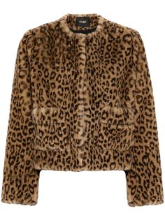 light brown/black faux-fur design all-over leopard print collarless crew neck long sleeves two front patch pockets full lining straight hem front hook and eye fastening Faux Fur Cropped Jacket, Leopard Jacket, Leopard Print Coat, Leopard Print Jacket, Print Coat, Fur Coats, Dolce E Gabbana, Black Faux Fur, Brown Jacket