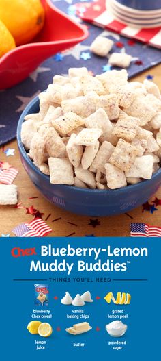 blueberry lemon muddy buddies in a bowl on a table with american flags and plates