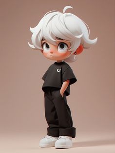 a doll with white hair wearing black pants and a t - shirt is standing in front of a brown background