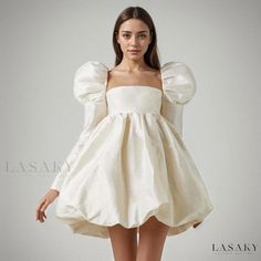 Lasaky - Palatial Satin Princess Dress with Puffy Sleeves and Square Neckline - Formal Wear with Long Sleeves and a Regal Touch Mini Wedding Dresses, Short Prom Dress, Sleeves Clothing, Prom Dresses Ball Gown, Party Dresses For Women, Mini Dress With Sleeves, Ball Dresses, Mini Dress Party, Satin Dresses