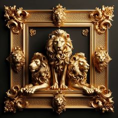 an ornate gold frame with two lions on the front and one lion on the back