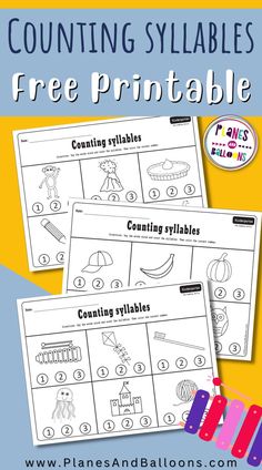 three printable worksheets for counting the numbers to 10 with text that reads counting sylabies free printables