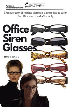 These office siren-inspired glasses sets are a very good deal since they include five different glasses. You will get the most for the price. Glass Style Women, Y2k Reading Glasses, Glasses Office Siren, Office Siren Glasses Aesthetic, Siren Glasses Aesthetic, Office Siren Glasses Round Face, Siren Office Glasses, The Office Siren, Black Office Siren