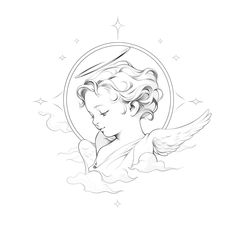 an angel in the clouds with stars around it and a halo above it, on a white background