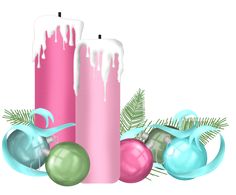 two candles with ornaments on them and one candle is pink, the other is blue